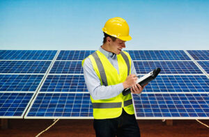 Smiling solar worker writing on clipboard